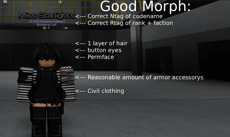 A good morph with button eyes, one layer of hair, armor and civil clothing